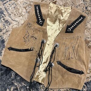 Vintage Western Leather Suede Fringe Vest Beaded Brown XL Jacket
